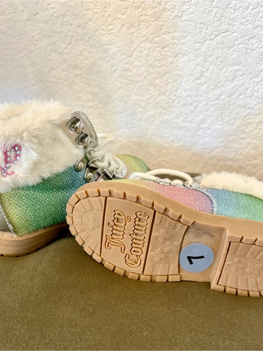 Juicy Couture Girls Rainbow Glitter Faux-Fur Lace-Up Boots - Multi